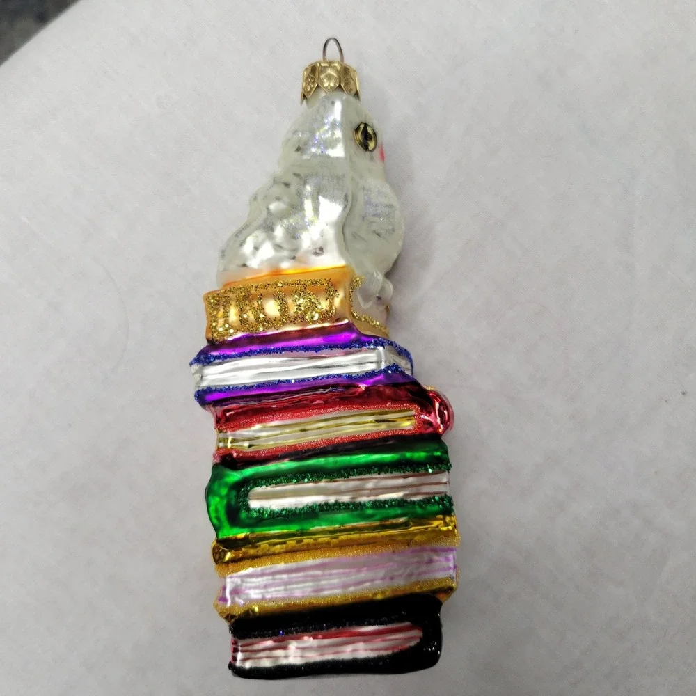 RADKO Hoo Dunnit Snowy Owl on Stack of Books Glass Christmas Ornament Glitter